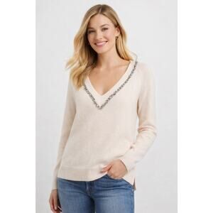 New Vineyard Vines Cream Embellished V-Neck Sweater Sz S Wool Blend Crystal Trim